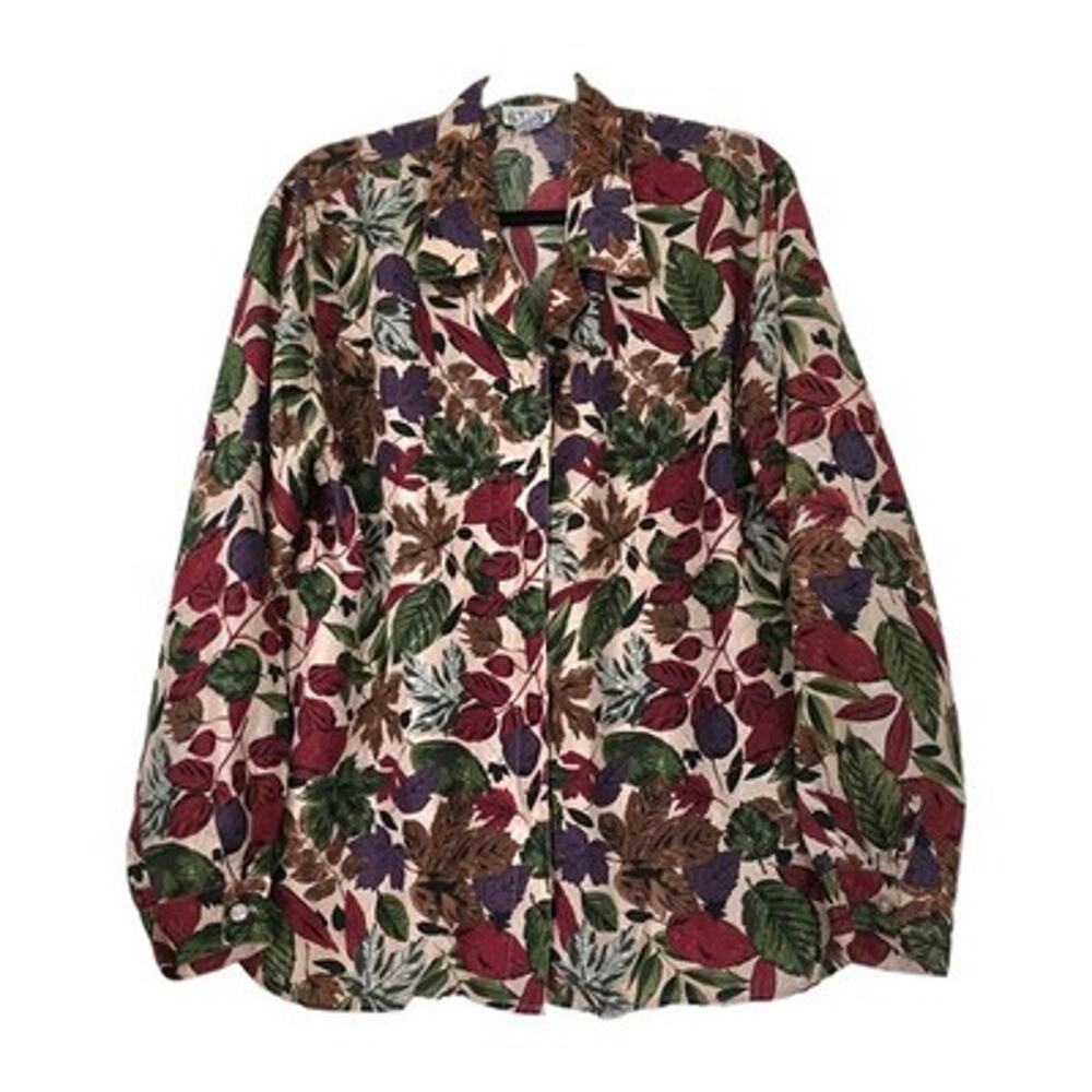 Vintage Leaf Print Button Up Silk Blouse Womens L Earthy Boho Autumn Artsy
